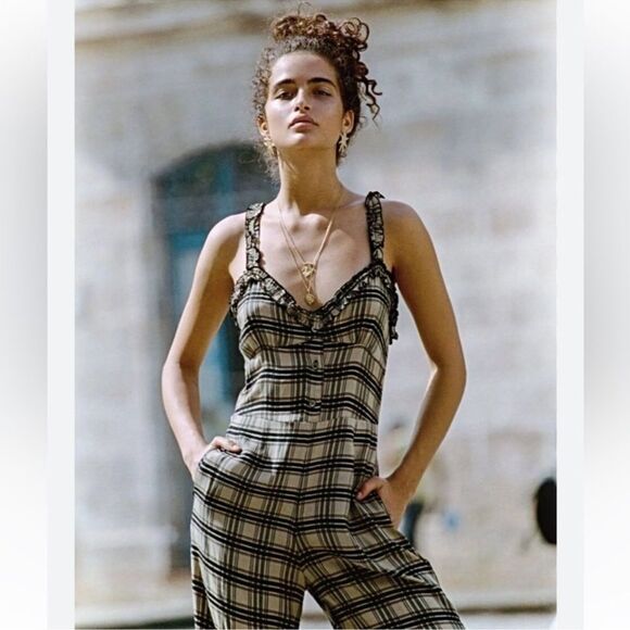 Faithfull the Brand plaid ruffle trim wide leg crop sleeveless Jumpsuit medium 6 - Picture 2 of 11